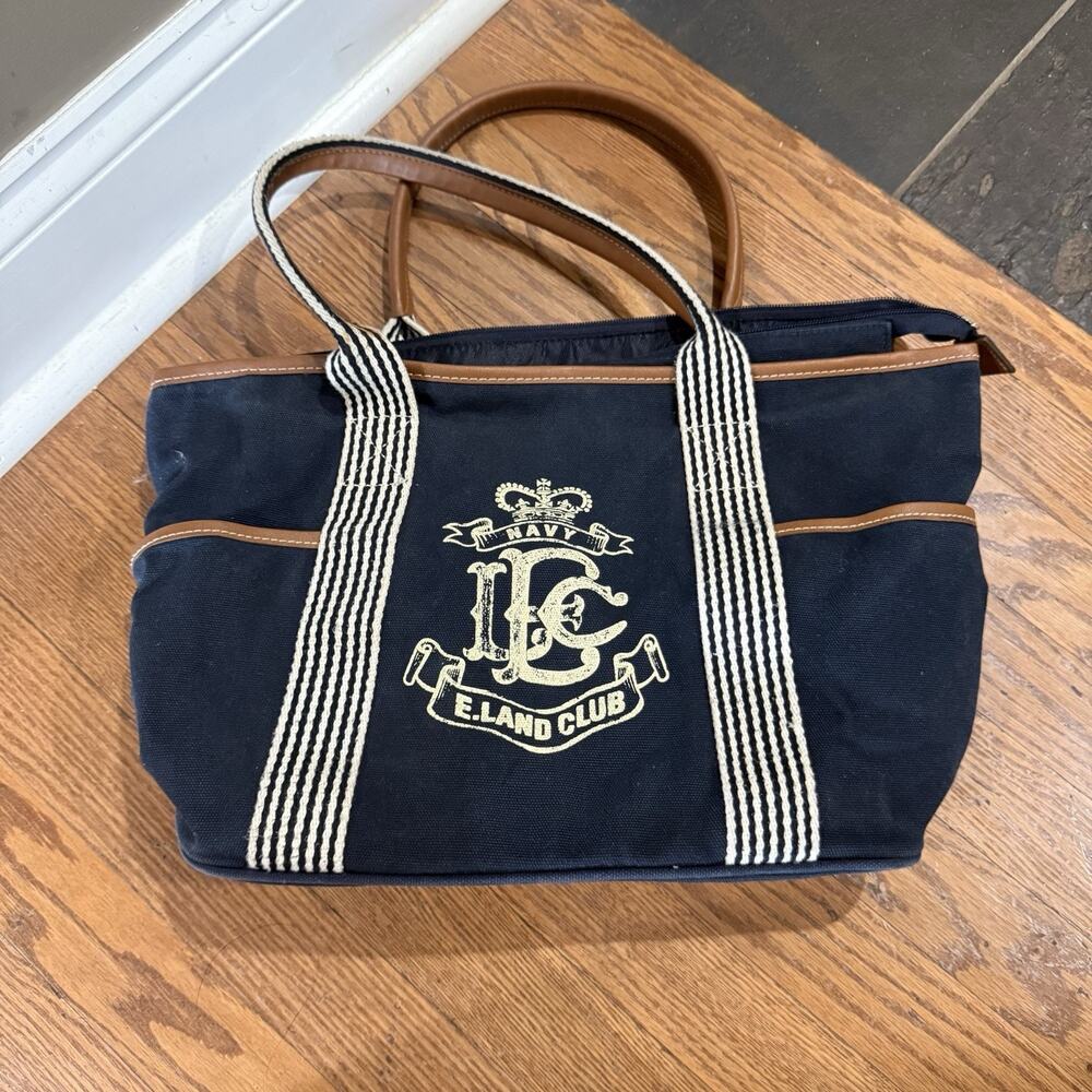 E.Land Zip Top Large Canvas Tote Bag Navy Crest Logo Preppy College Embroidered